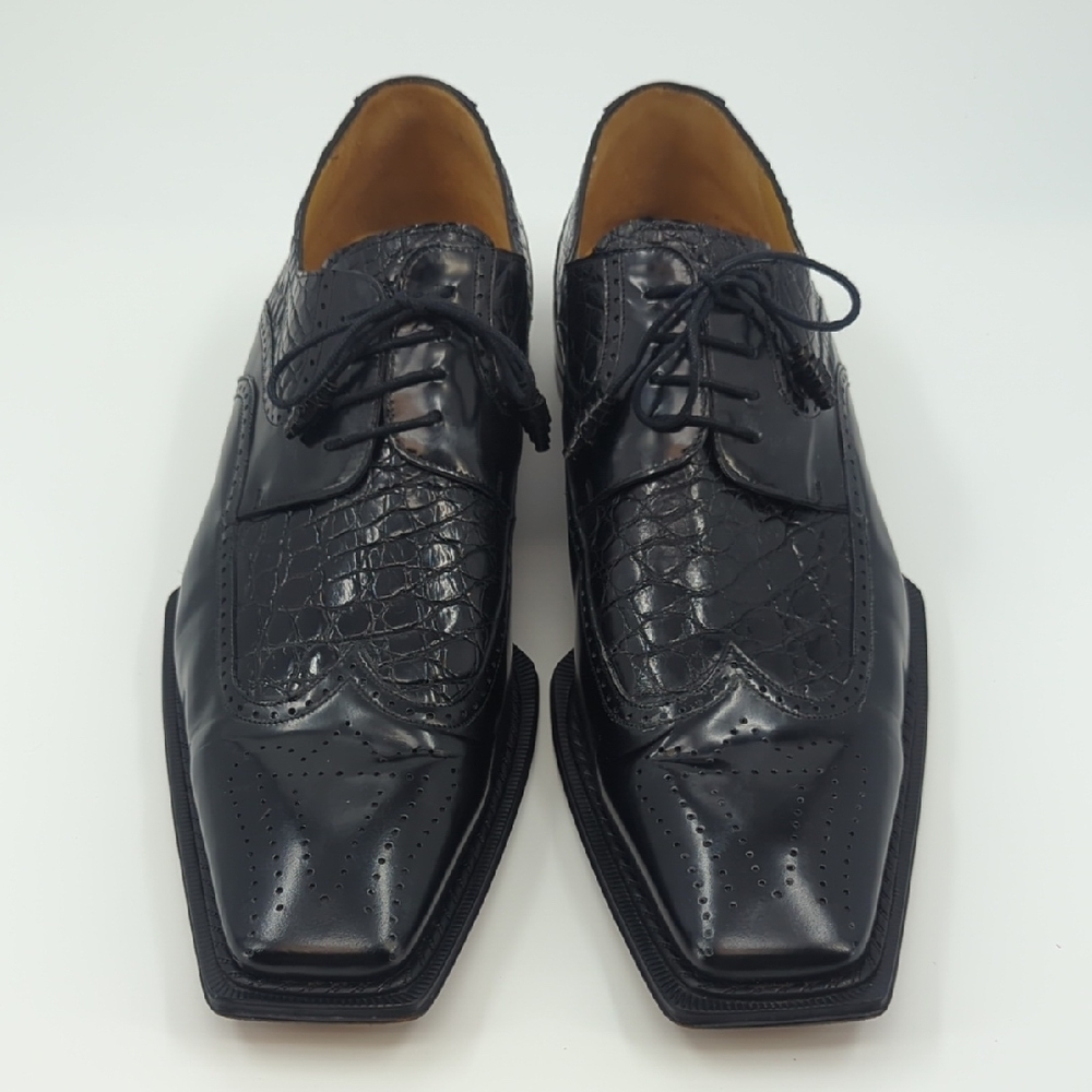 MEZLAN Platinum Wingtip Oxford Lace Up Shoes Black Crocodile Inset Sz 16 - Picture 3 of 11